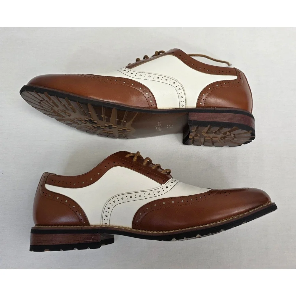 Metro Charm Mens Brown White Spectator Wingtip Oxford Shoes and Belt Set 9.5